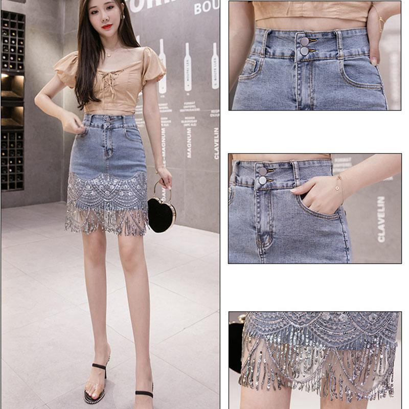 Denim Skirt Women Korean Version High Waist Sequin Skirts Sexy Tassel Denim Buttock Skirt for Female Student