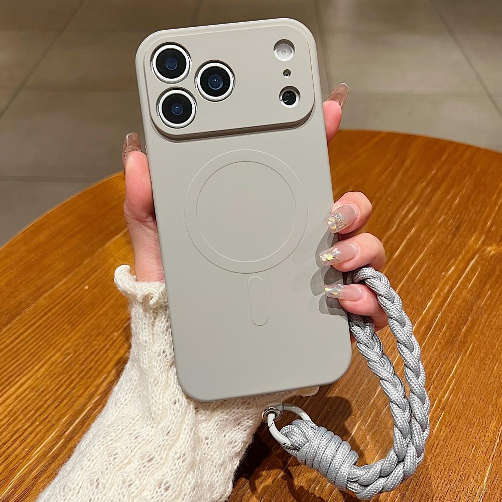 Braided Thick Cord Wrist Strap Bracelet Liquid Silicone Magnetic Case For iPhone 11 12 13 14 15 16 17 Pro Max Air Plus Cover