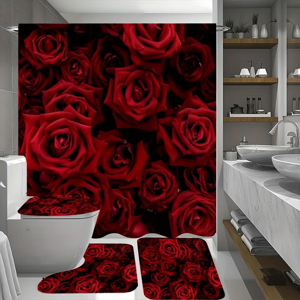 4Pcs Bathroom Shower Curtain Set  Red Rose Bathroom Curtain With 12 Hooks Non Slip Rugs Toilet Cover Mat Bathroom Partition