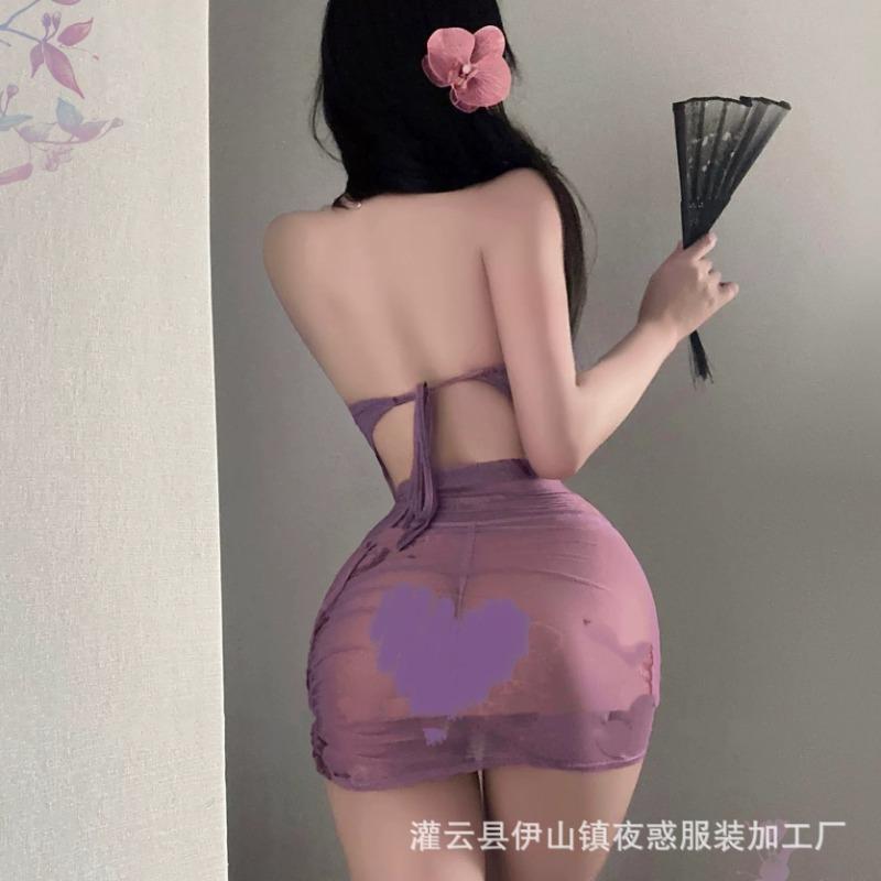 Sex Underwear Pure Desire Purple Cheongsam Sexy Pajamas Women's Antique Butterfly Love Flower Perspective Strap Uniform Suit Qqny