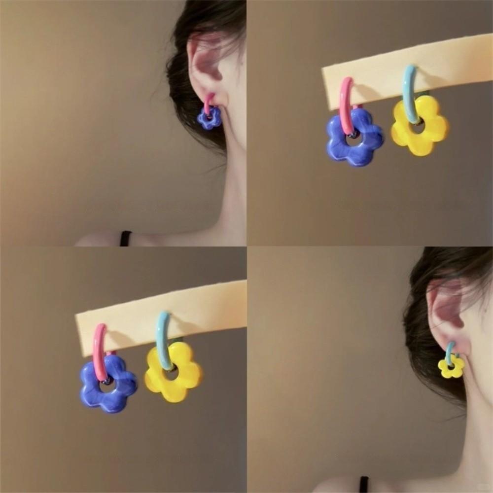 1pair Dopamine Flower Earrings Resin Acrylic Hoop Earrings Sweet Ear Clasp Gift