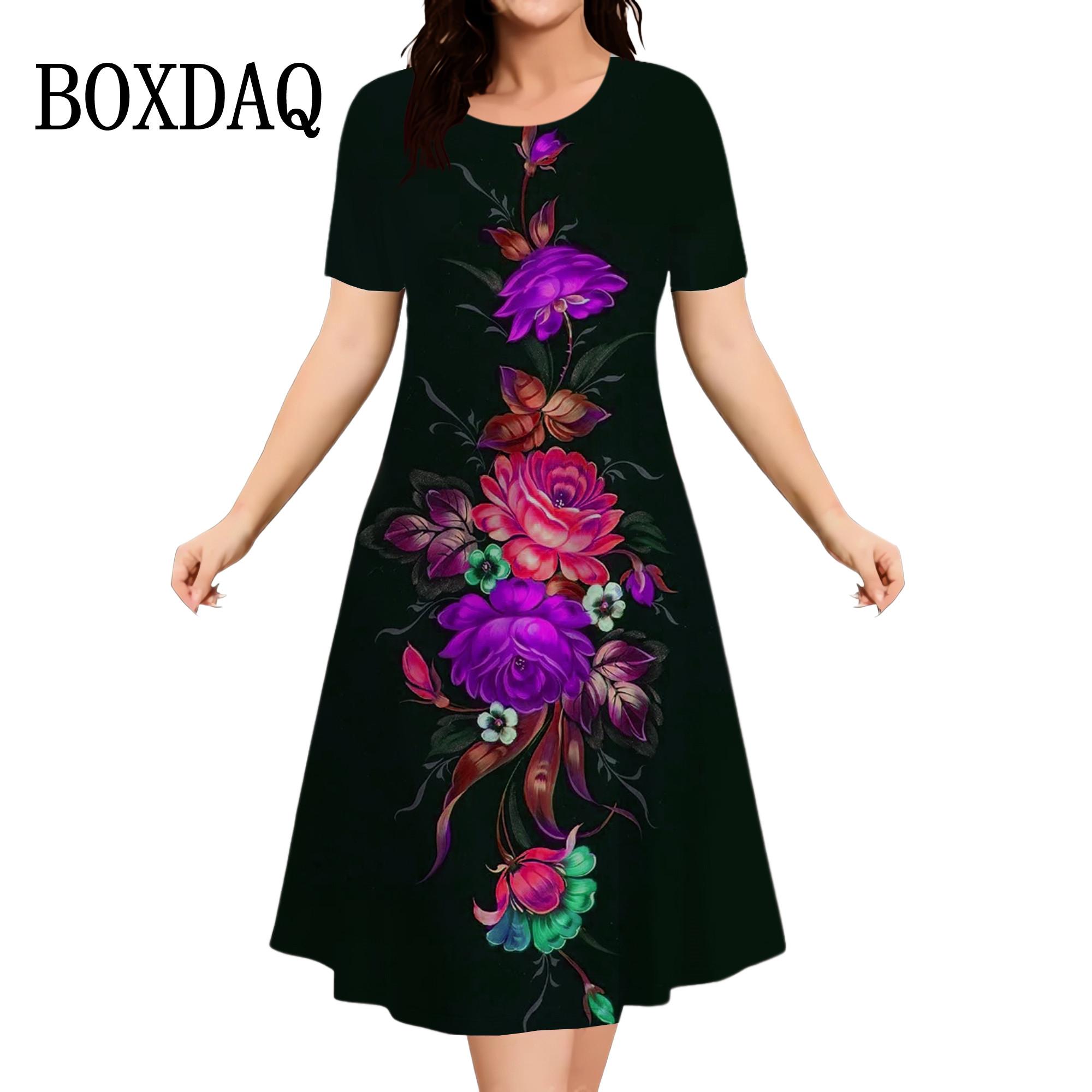 

Повседневная одежда на каждый день Платье с цветочным принтом Женское платье больших размеров с коротким рукавом Свободное платье Летняя мода Круглый вырез Уличное элегантное платье XL