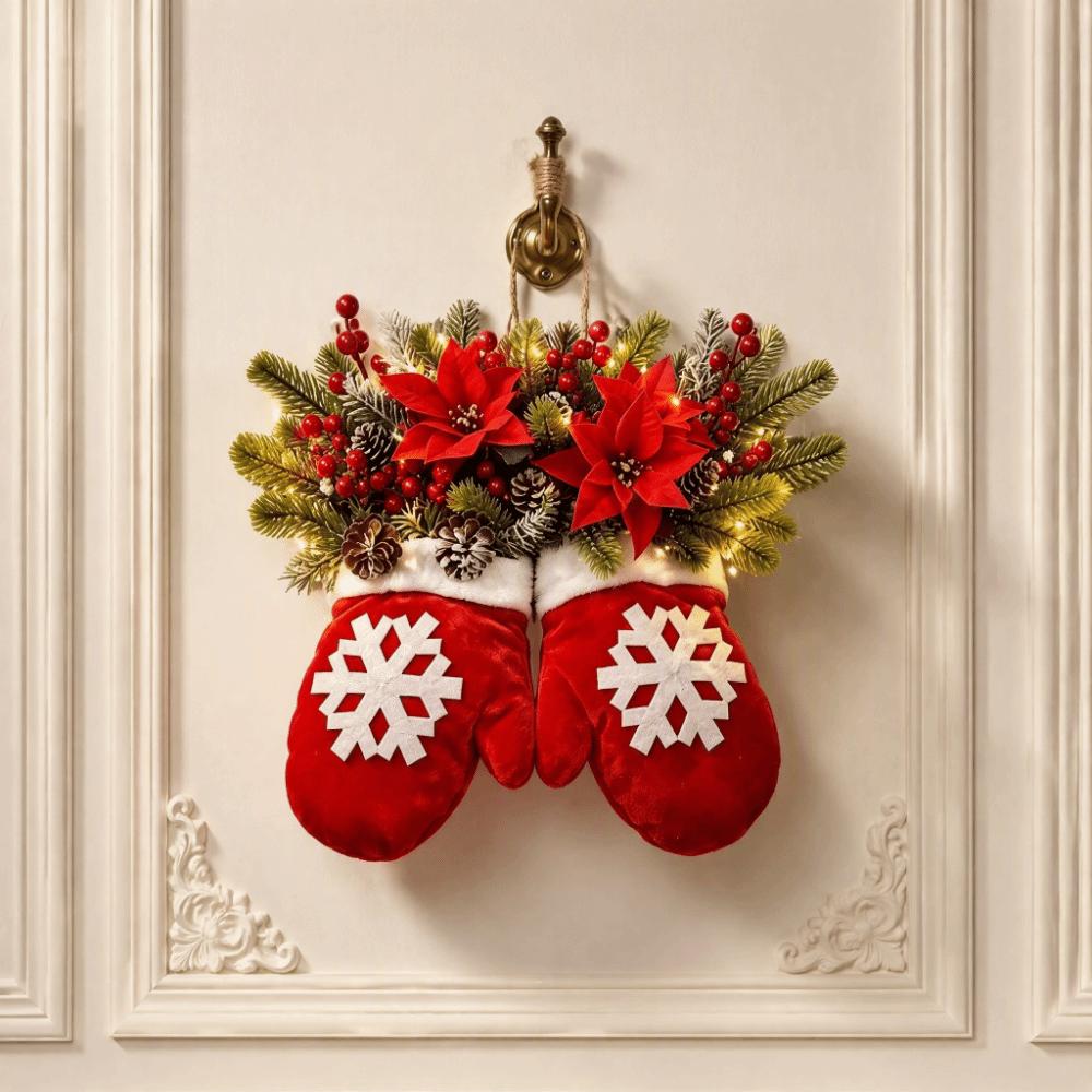 Snowflake Door Hanging Decor Artificial Pinecone Poinsettia Mitten Shaped Door Ornament Red Berries Luminous Christmas Garland