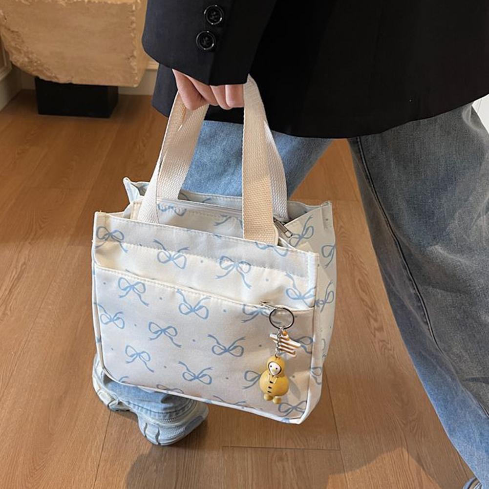 Canvas Lunch Bag Thermal Insulation Lunch Box Storage Handbag with Handle Casual Bow Print Tote Bag Lightweight Hobo Bag Picnic
