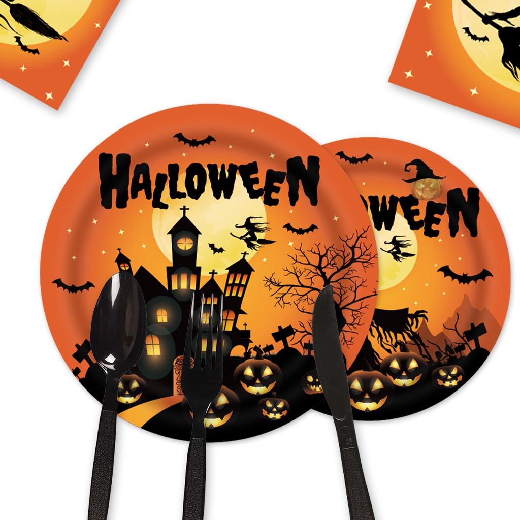 Halloween Party Tableware Set: Plates, Banner, Balloons & Tablecloth