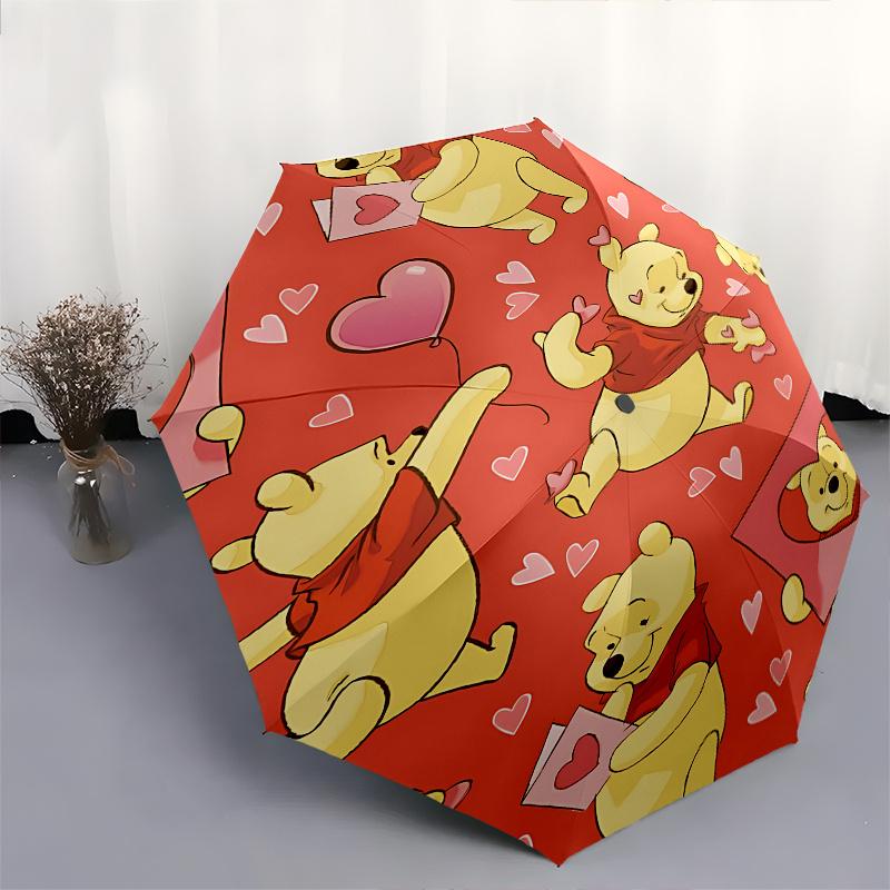 Winnie the Pooh, Hearts Automatic Opening and Closing Umbrella - 8 Ribs Portable Folding Umbrella with Plastic Handle, Suitable for Leisure