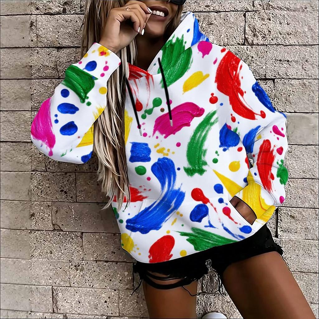 Women Plus Size Abstract Printed Long Sleeve Drawstring Hood Kangaroo Pocket Pullover Hoodie