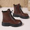 Fashion Short Lace-up Boots Women's New British Style Thick Middle Heels Women Autumn Winter Shoes Platform Black Brown Leather Botines