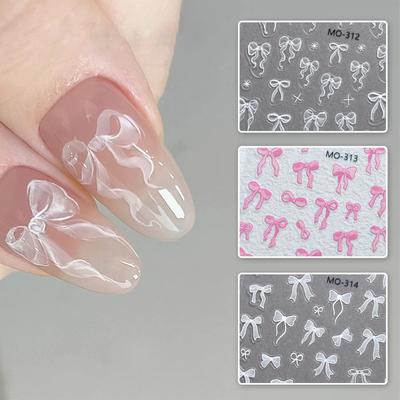 Bowknot Nail Stickers 3D Relief White Ribbon Cute Sweet Pink Self-Adhesive Nail Art Decoration Decals For Nail Tips Manicures