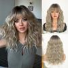 22 Inch Ombre Dark Root To Platinum Blonde Medium Wavy Bob with Straight Bangs Synthetic Hair Wigs Heat Resistant Fiber Natural