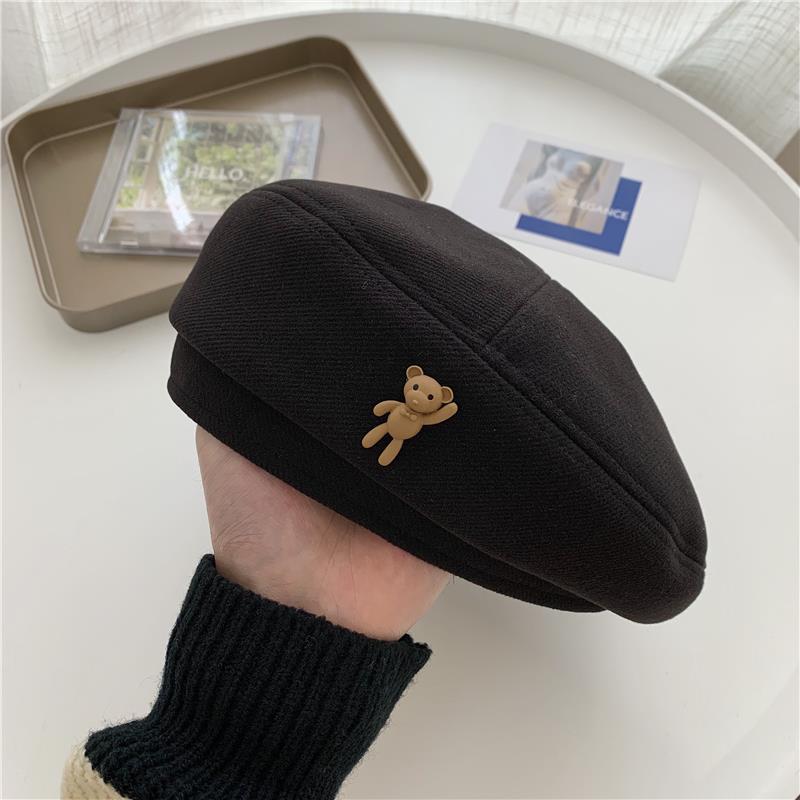 New Bear Brown Beret Women's Autumn and Winter Woolen Versatile Showing Face and Small Temperament Winter Painter Hat