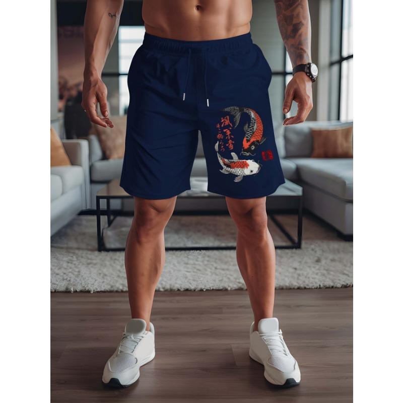 Men's Stylish and Versatile Koi Print Casual Shorts Loose Fit Elastic Waistband with Drawstring Suitable for Everyday Wear