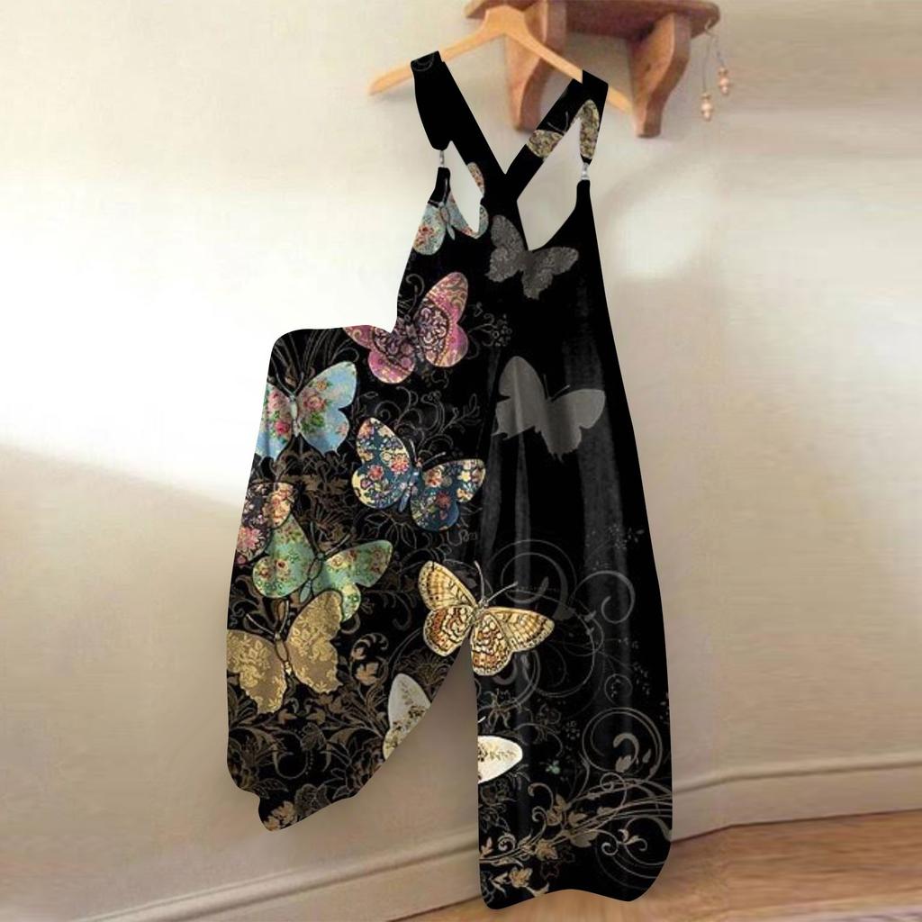 Wide Leg Overalls For Women Casual Loose Sleeveless Jumpsuits Retro Print Metal Button Long Pant Romper Jumpsuit With Pockets