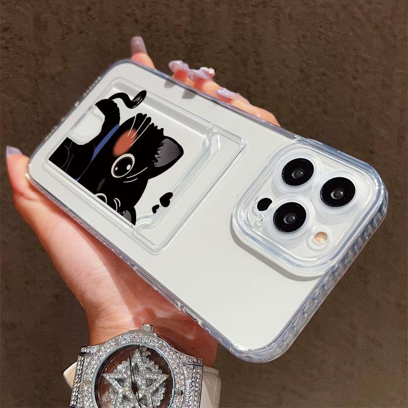 Cartoon Black Cat Printed Soft TPU Clear Shockproof Casing Protective Cover Transparent Full Back Case with 1 Card Slot Holder