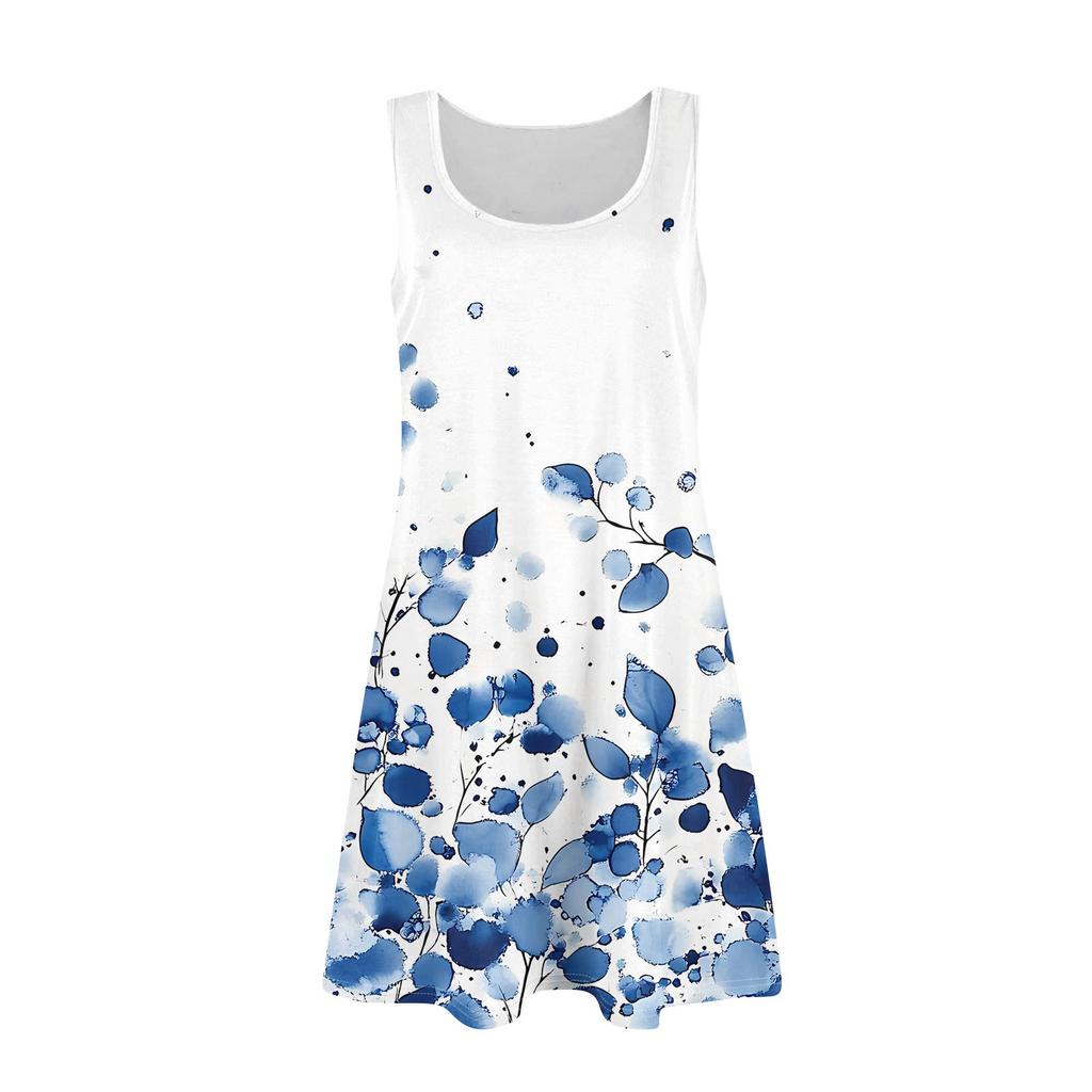 Damen Sommer Casual U-Ausschnitt Blumendruck Kleid Ärmelloses Kleid mit Taschen