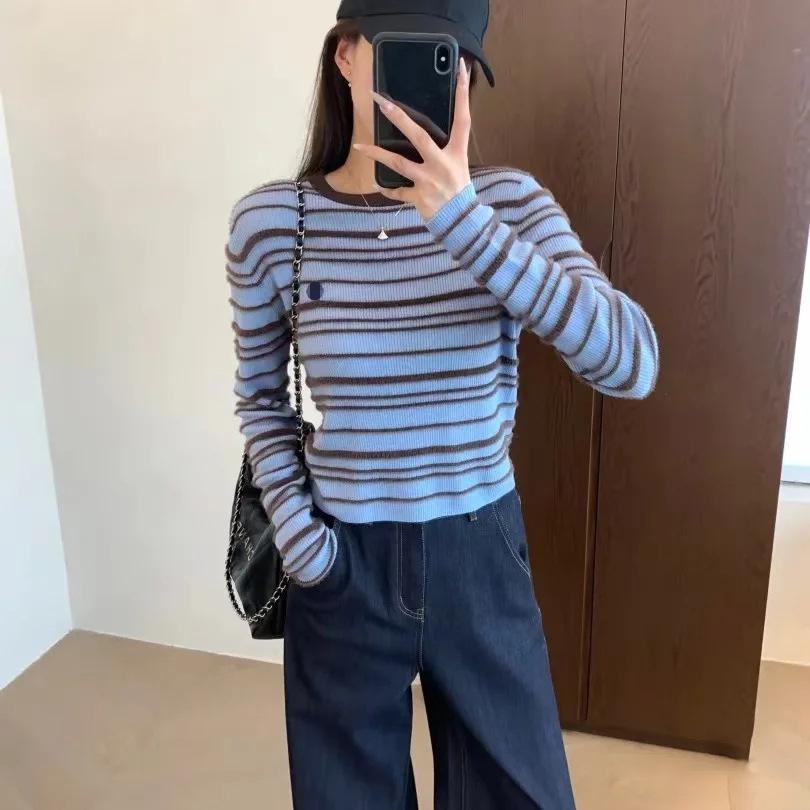 

2025 Autumn Striped Colorblock Wool-Knit Slim Sweater for Women Large синий
