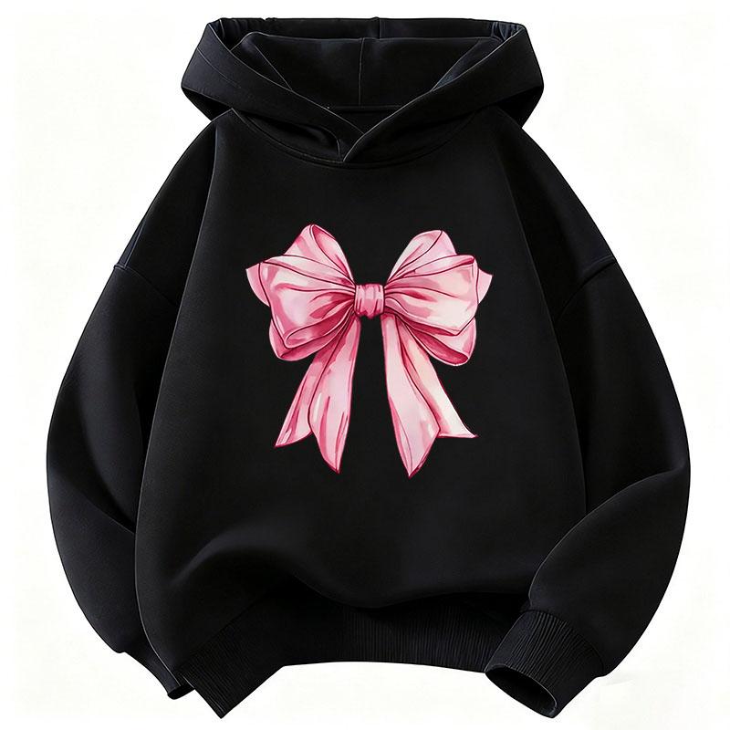 Warm Kids Hooded Pullover, Lovely Hand Drawn Pink Bow Ribbon Graphic Sweatshirt, Autumn Winter Casual Long Sleeve Top for Children Daily Wear