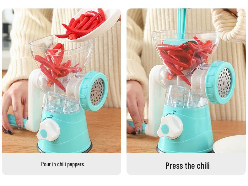 Manual Kitchen Tool: Hand-Cranked Meat Grinder, Vegetable Cutter, Sausage Stuffer, and Garlic Press.