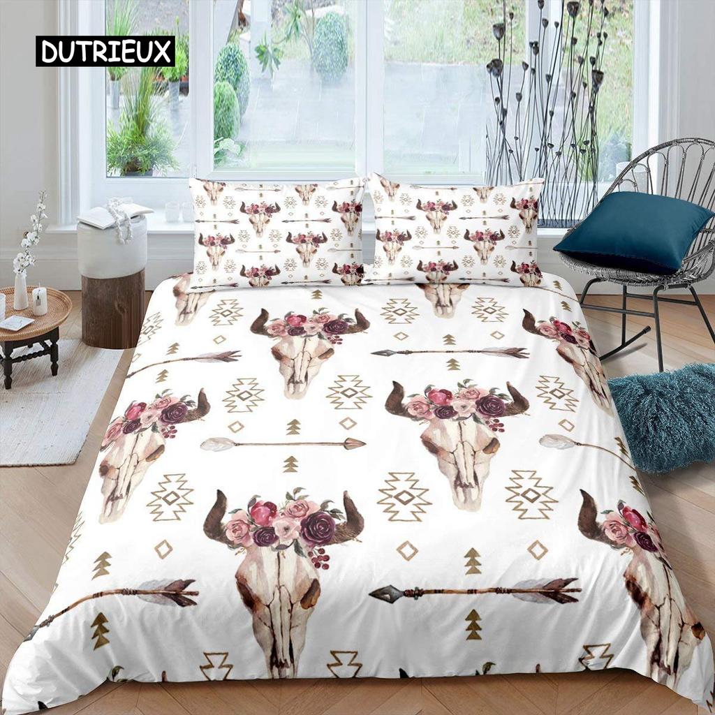 Stierschädel Bettbezug Set Boho Chic Feder Bettwäsche Set Böhmisch Exotische Zweige Blume für Teenager Mikrofaser King Steppdeckenbezug