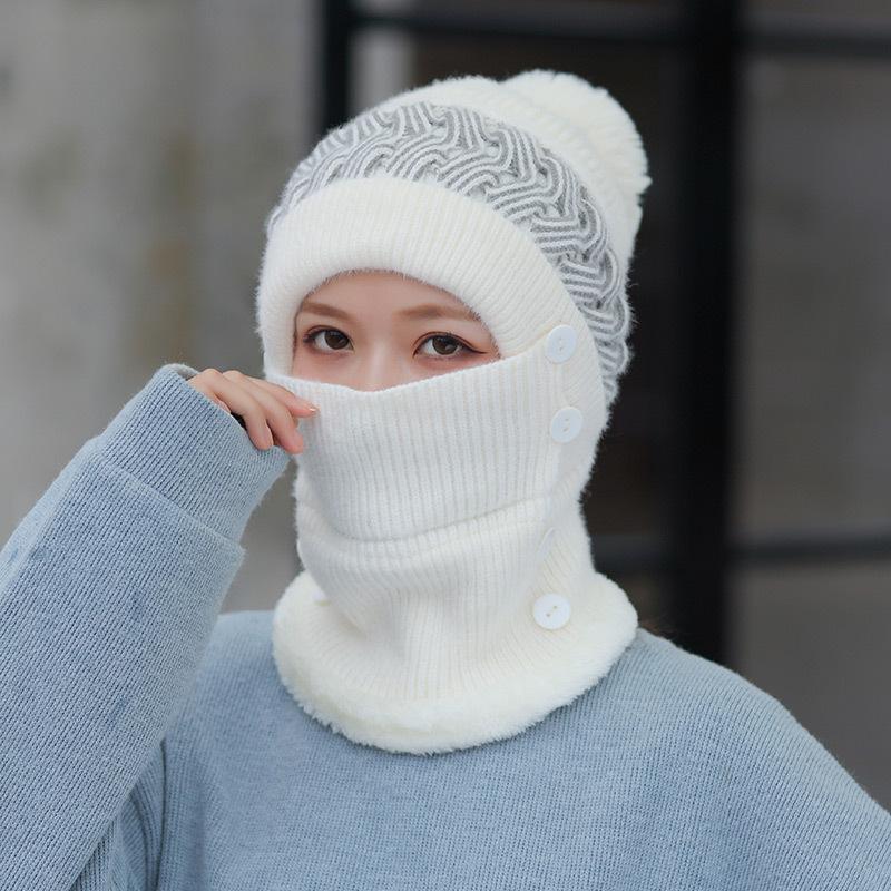 One-piece hat women's hollow knitted plush wool one-piece hat outdoor cycling cold protection ear protection winter