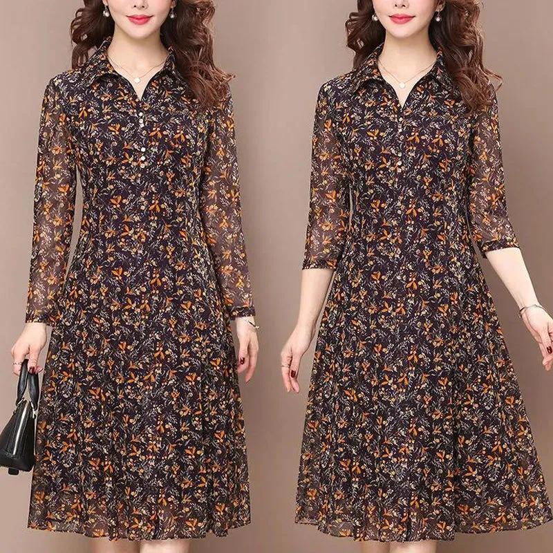 Women's Autumn Mid Length Dress with Slimming Lining and Floral Over The Knee Length Skirt