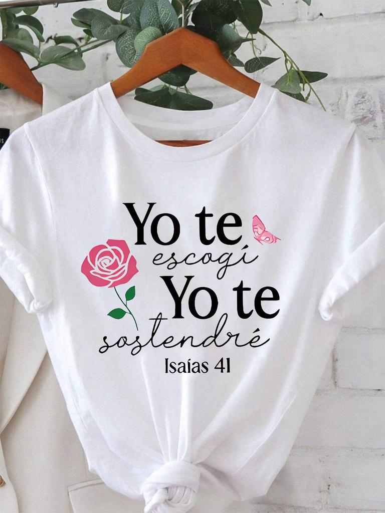 European Sizes Women'S T-shirt with Spanish Bible Verse Medium Stretch Fabric, Casual Top for Spring/Summer