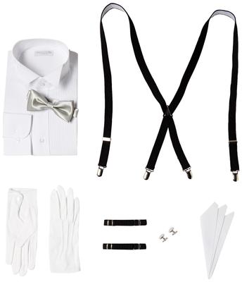Code Wedding Bow White Silver Bow [Dress 101] 7-Piece Groom's Set Shirt, Tie, Cufflinks, Suspenders, Armbands, Handkerchief, Gloves. Men's Tie.