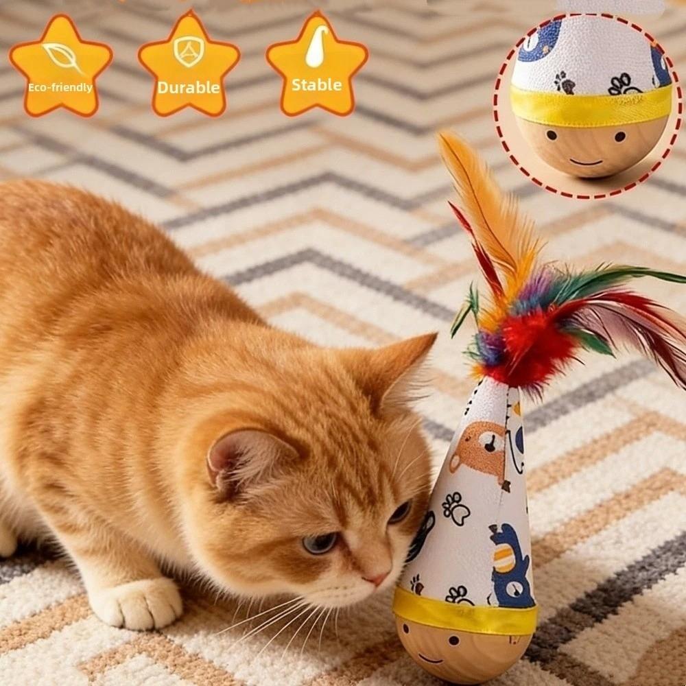 Cartoon Pattern Cat Tumbler Wobbler Toys Bite-Resistant Wear-Resistant Kitten Wobble Ball with Feather Cat Teaser Toy