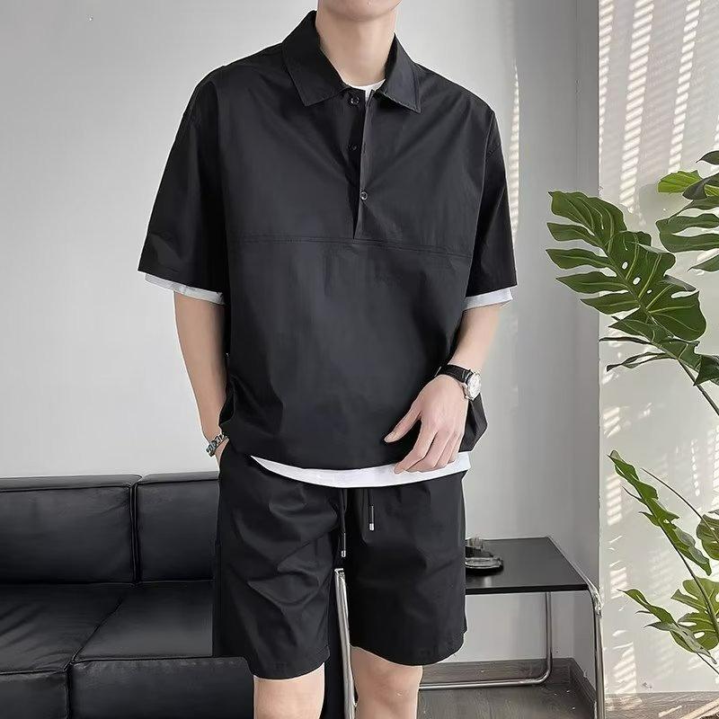 Summer Solid Color Short-sleeved Shorts Suit Men's Casual Japanese Wild Loose POLO Suit Two-piece Suit