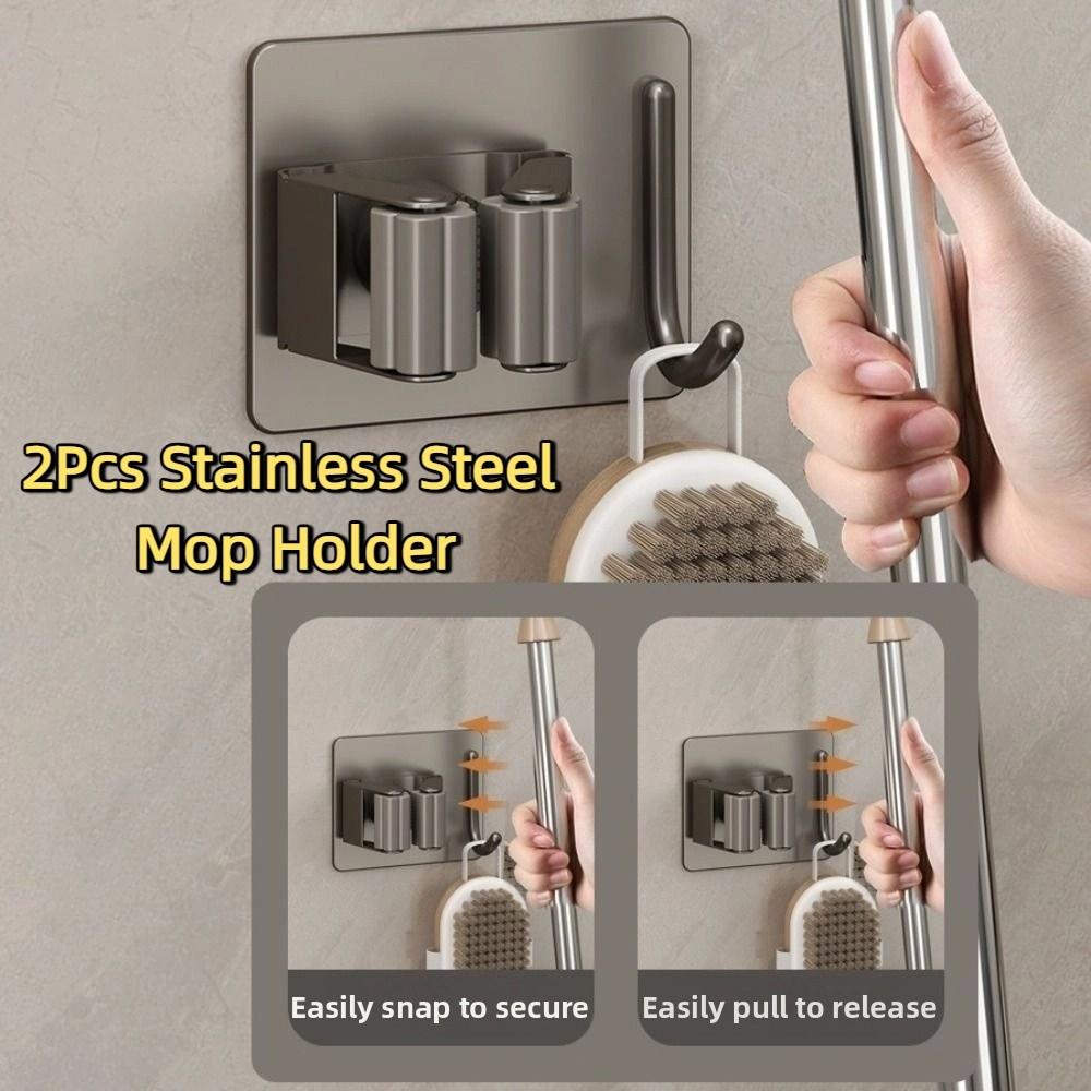 2Pcs Rust-Proof Wall Mounted Broom Stand Space Saving Mop Storage Clamp Mop Clip Rack  Household