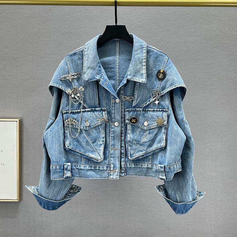 

Короткое джинсовое пальто Женское Модное 2024 Новая осенняя одежда Свободное Стройнящее Инс Ozhouzhan Синее С длинным рукавом Топ Blue All yards