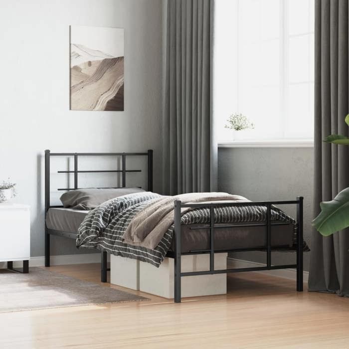 VidaXL Cadre de Lit Métal avec Tête de Lit Pied de Lit, Lit Simple avec Sommier à Lattes, Lit Adulte avec Pied Chambre, 355572