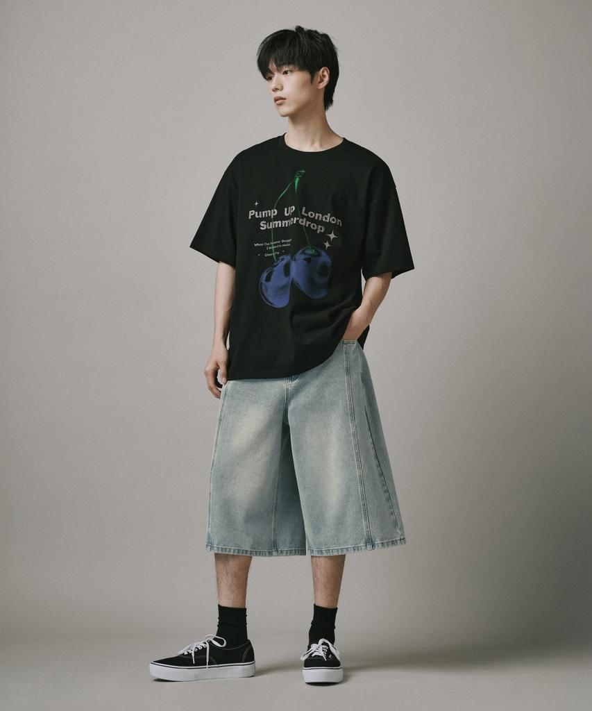 Beodeonteu Blue Cherry Short Sleeve T-Shirt [Black]