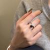 French Retro Open Ring in 925 Sterling Silver with Black Agate Spherical Design