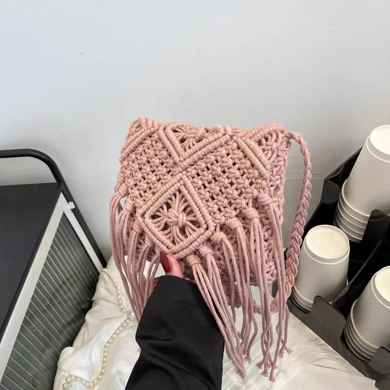 Yogodlns Bohemian Tassel Straw Bag Women Fashion Weave Handmade Crossbod Bag Summer Kintted Beach Handbag Vacation Lady Pouch