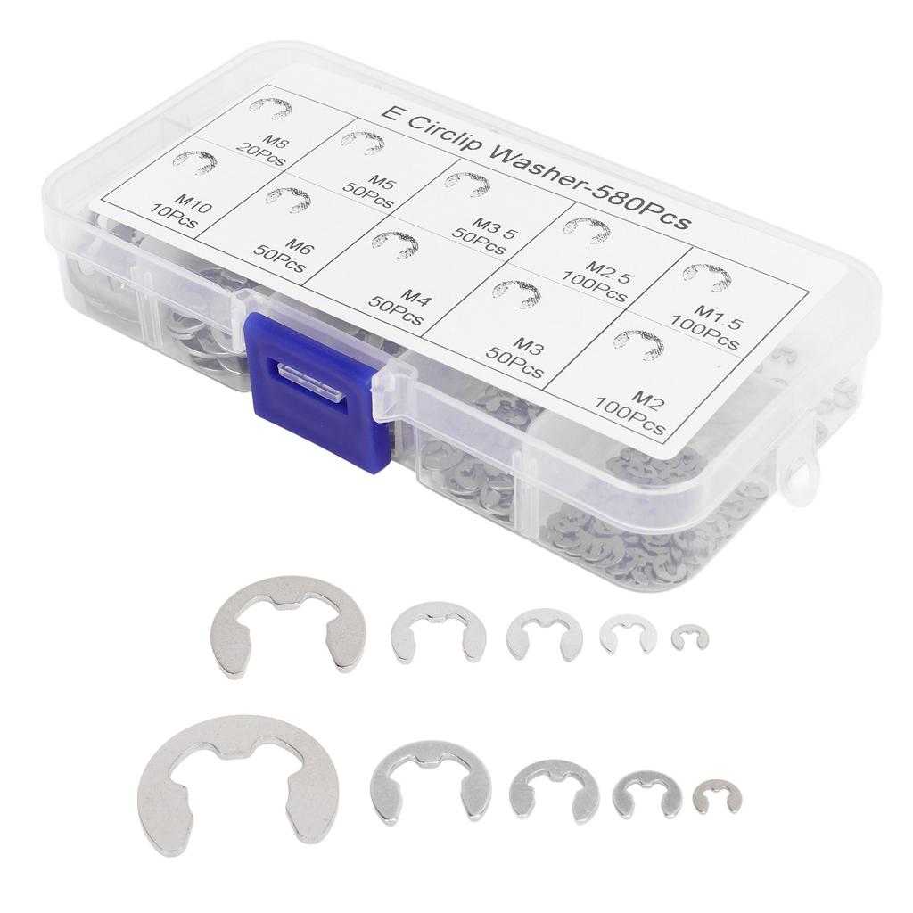 580Pcs E Circlip Washer Set with Storage Box Stainless Steel Firm Fixing E Type Retaining Washer