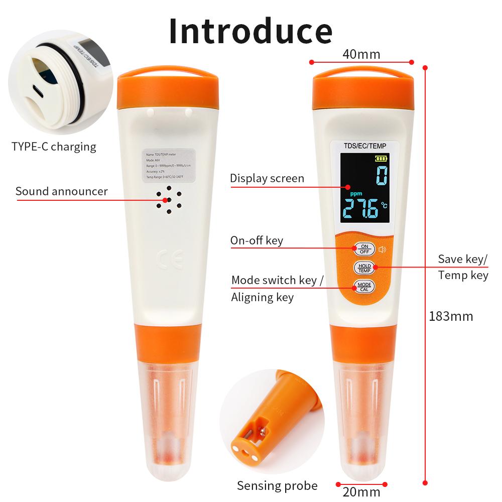 3 in 1 Water Quality Tester EC TDS TEMP Testing Pen Type-C Charging Voice Broadcast Multi-Parameter Water Testing Instrument