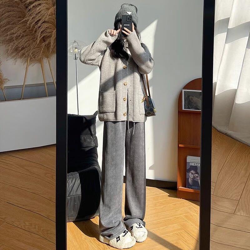 Langsha Women's Herringbone Fleece-Lined Wide-Leg Pants