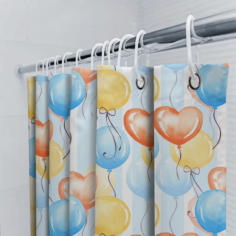 Aquarell Ballon Duschvorhang Blau Gelb Rot Heißluft Herzform Dekorativ Badewanne Stoffbänder Wasserdicht Zuhause Badzubehör