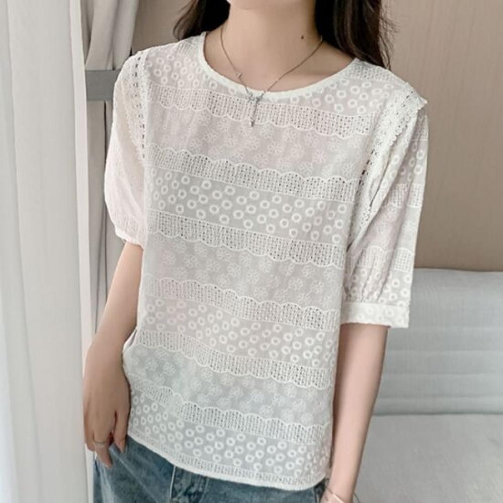 Navava Women Lovely Embroidery Lace Round Neck Long Sleeve Blouse Nb3099