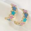 Exquisite Colored Star Pattern C-shape Golden Plated Stud Earrings for Women Vintage Daily Versatile Jewelry Accessories