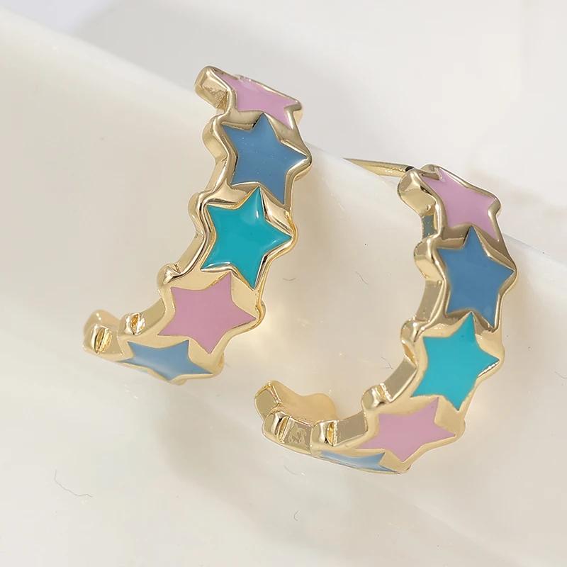 Exquisite Colored Star Pattern C-shape Golden Plated Stud Earrings for Women Vintage Daily Versatile Jewelry Accessories