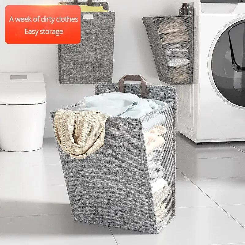 Foldable Laundry Basket Punch Free Wall Hanging Waterproof Washing Clothes Storage Organizer Adhesive Laundry Basket Hamper