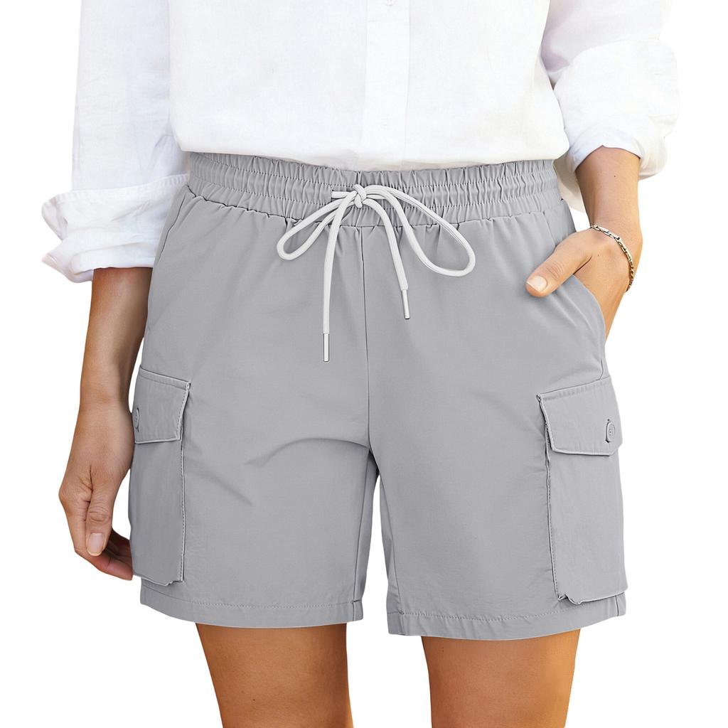 Shorts cargo décontractés pour femmes à taille à cordon avec poches Coupe décontractée Ceinture élastique Tissu léger