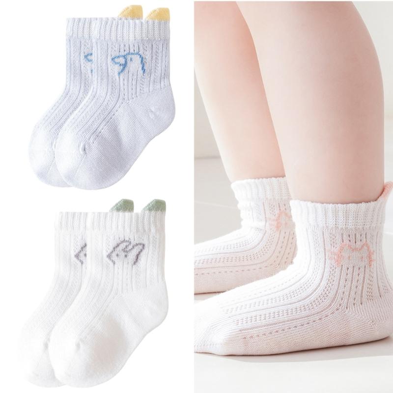 1 Pair Breathable Mesh School Socks for Girls Elastic Cartoon Pattern Hosiery Soft Fabric Solid Color Ankle Socks