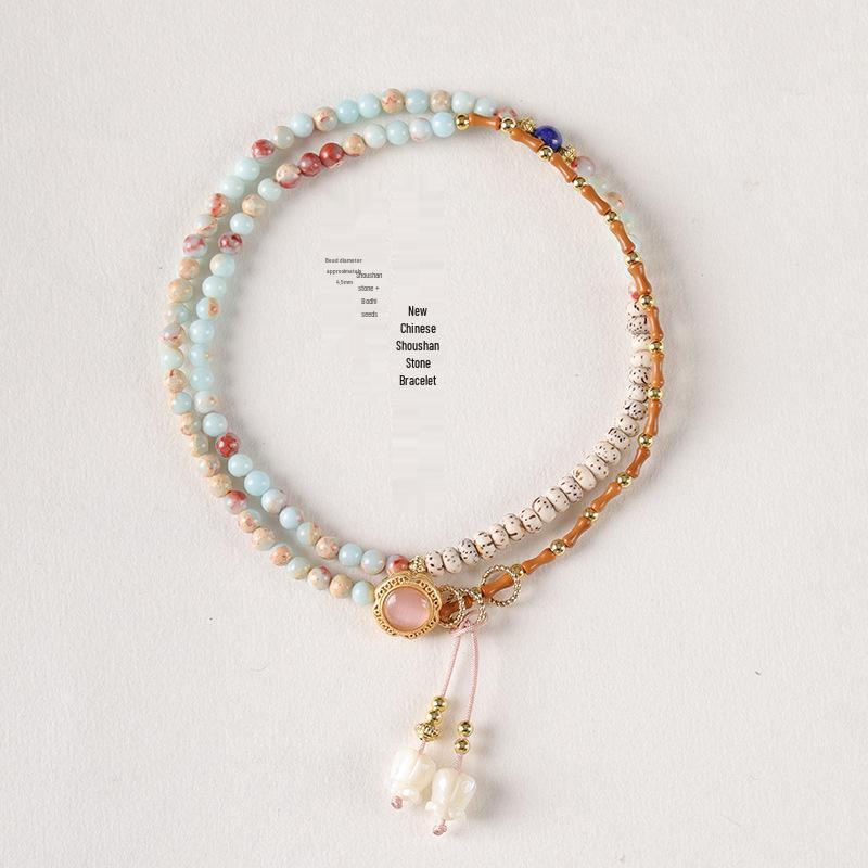 

Chinese Shoushan Stone & Star Moon Bodhi Bracelet with Seashell Flower - Fresh Women’s Style