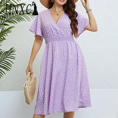 Women's Fashion Summer Spring Polka Dot Print Short Sleeve V-Neck High Waist Casual Dresses