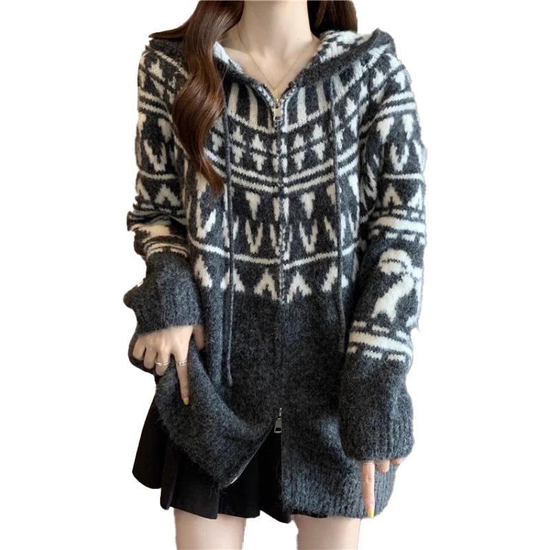 Vintage Fair Island Jacquard Sweater Cardigan Women's Autumn and Winter Thickened Lazy Wind Loose Hooded Knitted Sweater Jacket Top