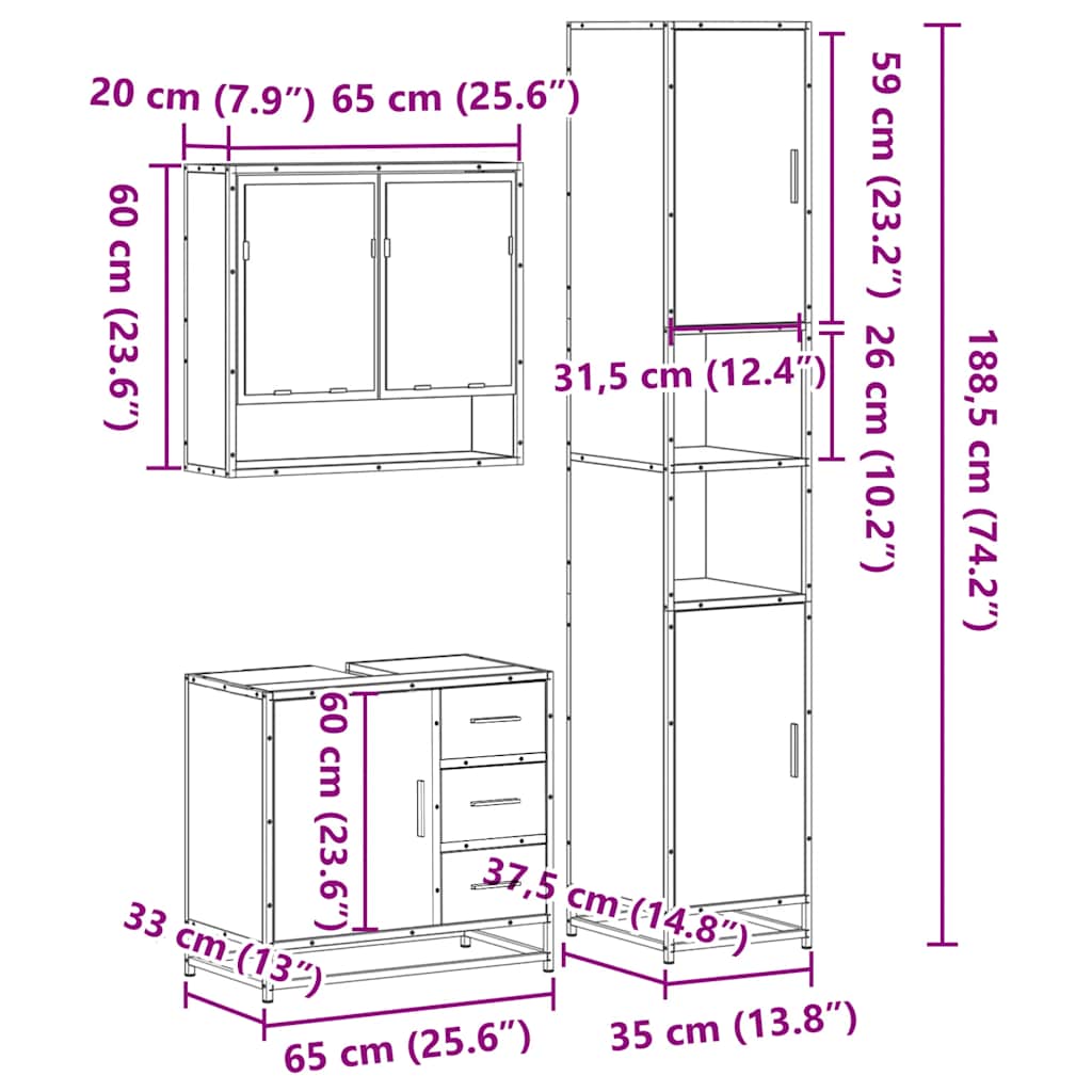 3 Piece Bathroom Furniture Set Smoked Oak Wood Based Material