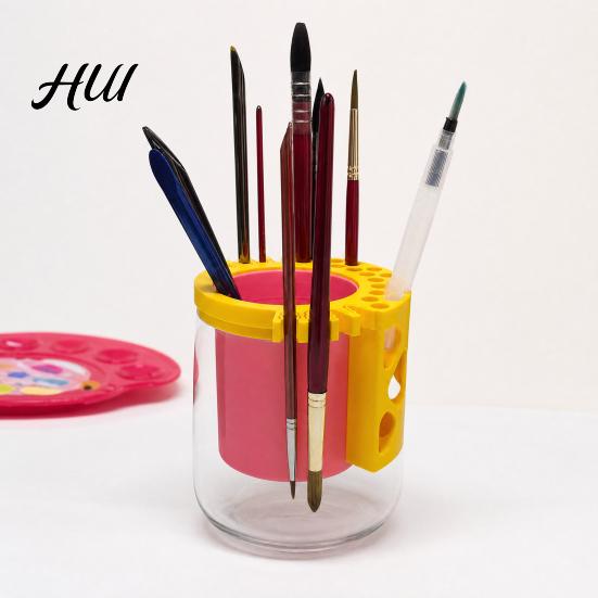 Brush Holder Rack Mason Jar Paintbrush Holder, 2 in 1 Rinse Cup Lid And Drying Elastic Card Slot Stand, Slots for Art Brushes, Rust-Free Pen Fits Wide